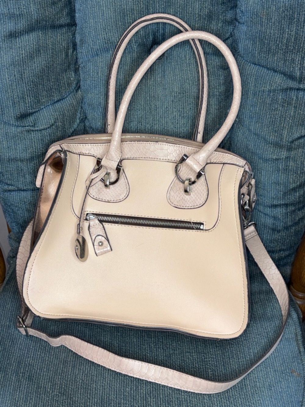 London Fog Cream Satchel with Top Handles and Crossbody Strap